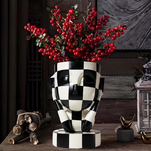 Funky Black and White Checkered Vase Unique Head Planter Cute Face Flower Pot Home Indoor Decor (Not Listening) in Saudi Arabia