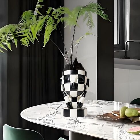 Funky Black and White Checkered Vase Unique Head Planter Cute Face Flower Pot Home Indoor Decor (Not Listening) in Saudi Arabia
