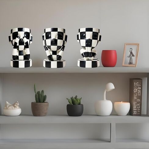 Funky Black and White Checkered Vase Unique Head Planter Cute Face Flower Pot Home Indoor Decor (Not Listening) in Saudi Arabia
