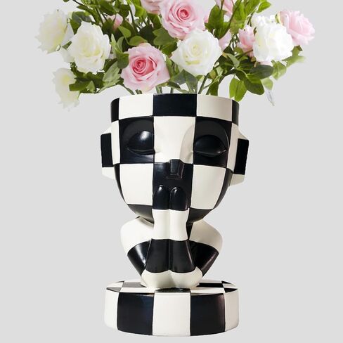 Funky Black and White Checkered Vase Unique Head Planter Cute Face Flower Pot Home Indoor Decor (Not Listening) in Saudi Arabia
