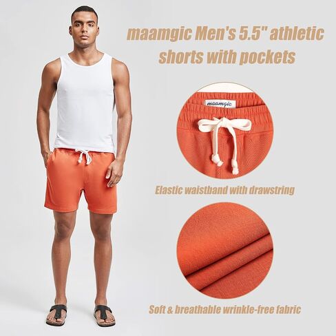 maamgic Mens Athletic Gym Shorts 5.5" Elastic Waist Casual Pajama Pocket Jogger Men Workout Short Pants Coral Orange Large in Saudi Arabia
