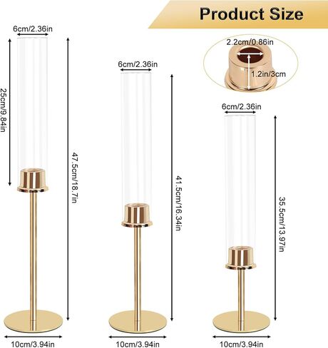 حامل شموع الإعصار الذهبي، حامل شموع زجاجي طويل مع مجموعة من 3، حاملات شمعدان نحاسية لتزيين الطاولة المركزية لحفلات الزفاف وأعياد الميلاد in Kuwait