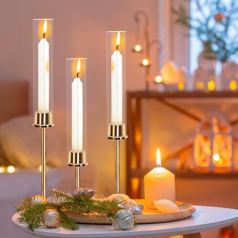حامل شموع الإعصار الذهبي، حامل شموع زجاجي طويل مع مجموعة من 3، حاملات شمعدان نحاسية لتزيين الطاولة المركزية لحفلات الزفاف وأعياد الميلاد in Kuwait