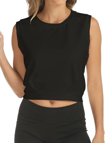 ARRIVE GUIDE Crop Top Athletic Shirts for Women Cute Open Back Sleeveless Yoga Tops Gym Workout Tank Shirts Black S in Saudi Arabia