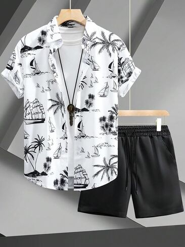 WDIRARA Men's 2 Piece Beach Outfits Tropical Print Short Sleeve Button Front Shirt and Shorts Set in Saudi Arabia