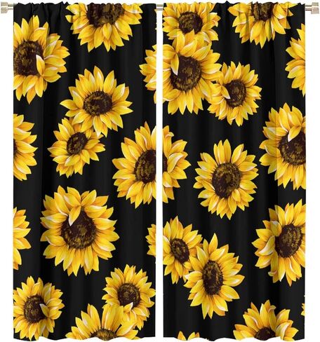 Sunflowers Blackout Window Curtains, Vintage Shabby Chic Floral Sunflower Room Darkening Rod Pocket Windows Door Curtain for Bedroom Living Room Home Decor 42x45in in Saudi Arabia
