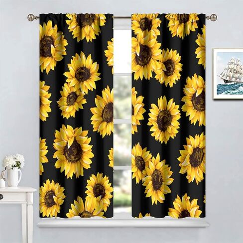 Sunflowers Blackout Window Curtains, Vintage Shabby Chic Floral Sunflower Room Darkening Rod Pocket Windows Door Curtain for Bedroom Living Room Home Decor 42x45in in Saudi Arabia