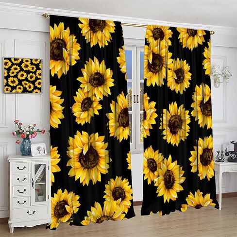 Sunflowers Blackout Window Curtains, Vintage Shabby Chic Floral Sunflower Room Darkening Rod Pocket Windows Door Curtain for Bedroom Living Room Home Decor 42x45in in Saudi Arabia