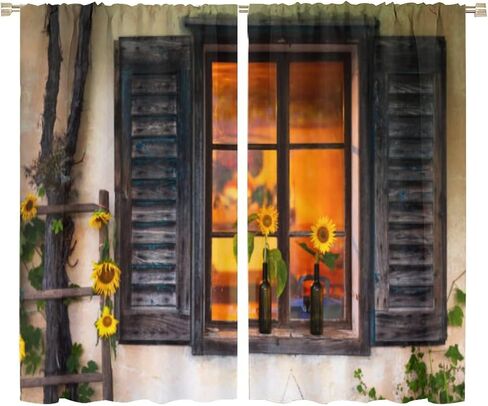 Sunflowers Blackout Window Curtains, Vintage Shabby Chic Floral Sunflower Room Darkening Rod Pocket Windows Door Curtain for Bedroom Living Room Home Decor 42x45in in Saudi Arabia