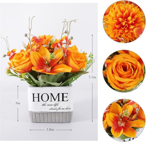 Artificial Flowers, Fake Lifelike Silk Lily Rose Flower for Office Party Wedding Home Decoration and Gifts, Home Vase Included (Orange) in Saudi Arabia