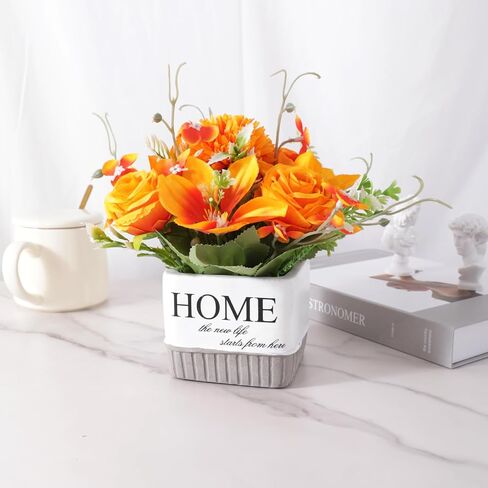 Artificial Flowers, Fake Lifelike Silk Lily Rose Flower for Office Party Wedding Home Decoration and Gifts, Home Vase Included (Orange) in Saudi Arabia