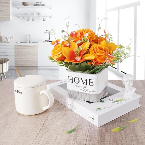 Artificial Flowers, Fake Lifelike Silk Lily Rose Flower for Office Party Wedding Home Decoration and Gifts, Home Vase Included (Orange) in Saudi Arabia