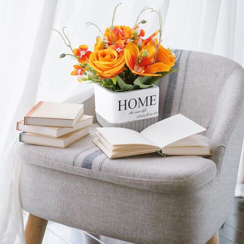 Artificial Flowers, Fake Lifelike Silk Lily Rose Flower for Office Party Wedding Home Decoration and Gifts, Home Vase Included (Orange) in Saudi Arabia