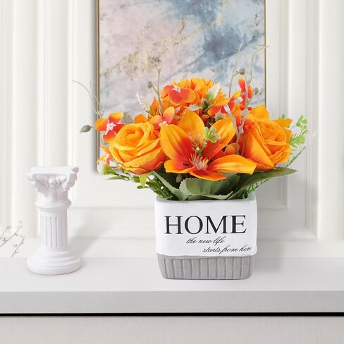 Artificial Flowers, Fake Lifelike Silk Lily Rose Flower for Office Party Wedding Home Decoration and Gifts, Home Vase Included (Orange) in Saudi Arabia