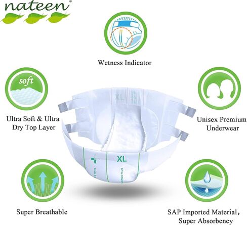 Nateen Basic Purple Adult Diapers, Unisex Disposable Incontinence Briefs with Tabs for Men and Women, Moderate Absorbency, Adult Diaper Made in USA, Medium (100 Count) in Saudi Arabia