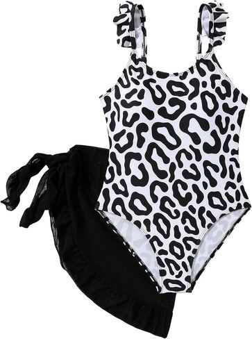 OYOANGLE Girl's Leopard Print Ruffle Strap Sports One Piece Swimsuit with Knot Side Skirt Cover Up Swimwear in Saudi Arabia