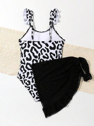 OYOANGLE Girl's Leopard Print Ruffle Strap Sports One Piece Swimsuit with Knot Side Skirt Cover Up Swimwear in Saudi Arabia