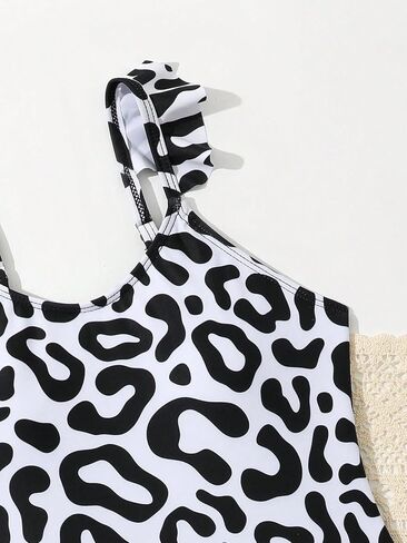 OYOANGLE Girl's Leopard Print Ruffle Strap Sports One Piece Swimsuit with Knot Side Skirt Cover Up Swimwear in Saudi Arabia