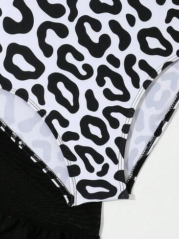 OYOANGLE Girl's Leopard Print Ruffle Strap Sports One Piece Swimsuit with Knot Side Skirt Cover Up Swimwear in Saudi Arabia