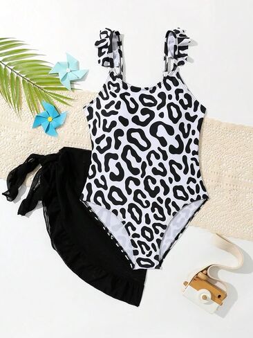 OYOANGLE Girl's Leopard Print Ruffle Strap Sports One Piece Swimsuit with Knot Side Skirt Cover Up Swimwear in Saudi Arabia