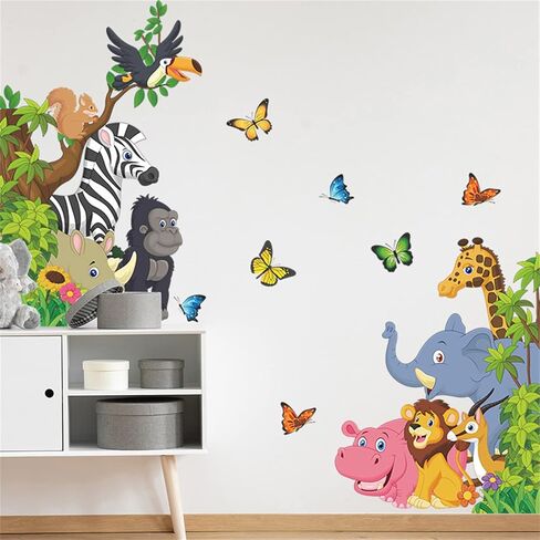 Forest Animal Tree Wall Decals Elephant Zebra Giraffe Hippo Butterfly Lion Wall Sticker Great for Baby Nursery Kids Bedroom Playroom Living Room (Cartoon Forest Animal), Bright in Saudi Arabia