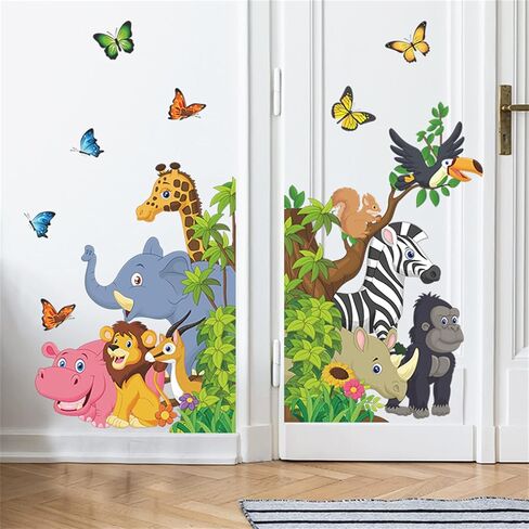 Forest Animal Tree Wall Decals Elephant Zebra Giraffe Hippo Butterfly Lion Wall Sticker Great for Baby Nursery Kids Bedroom Playroom Living Room (Cartoon Forest Animal), Bright in Saudi Arabia
