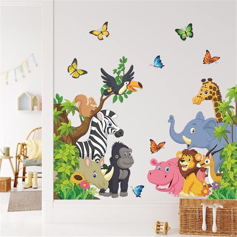 Forest Animal Tree Wall Decals Elephant Zebra Giraffe Hippo Butterfly Lion Wall Sticker Great for Baby Nursery Kids Bedroom Playroom Living Room (Cartoon Forest Animal), Bright in Saudi Arabia