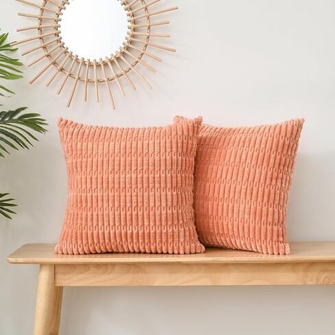 Volcanics Pack of 2 Corduroy Decorative-Throw-Pillow-Covers-18x18, Soft Striped Square Cushion Cases, Modern Farmhouse Boho Home Decor, Coral in Saudi Arabia