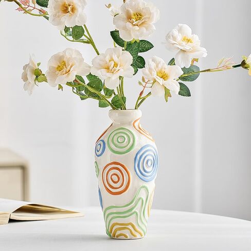 Octdays Ceramic Colorful Vase Decor: Colored Lines Flower Vase for Home Decor Modern Unique Vase Cute Small Decorative Vases for Living Room Table Centerpieces Office Accent in Saudi Arabia