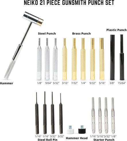 مجموعة NEIKO 02640A Gunsmith Punch Set 21 قطعة، فولاذ الفاناديوم الكروم، اللكمات البلاستيكية والنحاسية، المطاط، النايلون، رؤوس المطرقة النحاسية والفولاذية، اللكمات المبتدئة ذات النهاية المجوفة، مجموعة اللكمات الإصلاحية، مزيل الدبوس in Kuwait