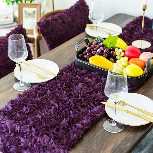 Table Runner CaliTime 14 X 72 Inches Solid 3D Stereo Chiffon Rose Flower Non-Slip Table Runner Dresser Scarf for Dining Party Wedding Table Decoration Purple in Saudi Arabia