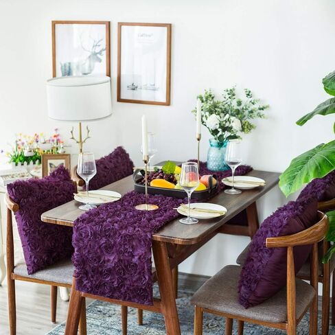 Table Runner CaliTime 14 X 72 Inches Solid 3D Stereo Chiffon Rose Flower Non-Slip Table Runner Dresser Scarf for Dining Party Wedding Table Decoration Purple in Saudi Arabia
