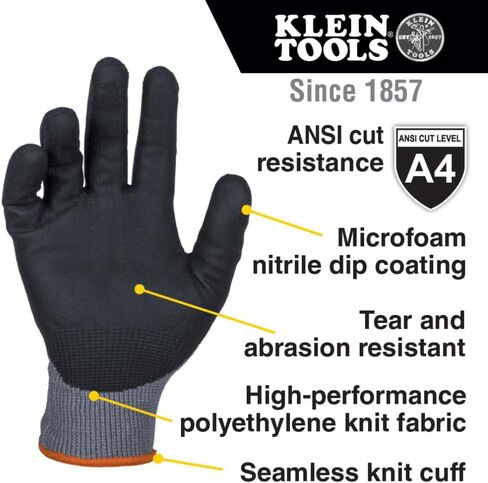 Klein Tools 60588 Work Gloves, Knit Dipped Cut Resistant ANSI A4 Nitrile Coated Gloves, HPPE Fabric, Touchscreen Capable, Medium, 2-Pair in Saudi Arabia