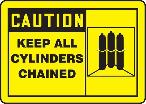 Accuform MCPG602VS Sign, Legend "Caution Keep All CYLINDERS Chained", 7" Length x 10" Width x 0.004" Thickness, Adhesive Vinyl, 7" x 10", Black on Yellow in Saudi Arabia