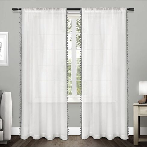 Exclusive Home Tassels Embellished Sheer Rod Pocket Curtain Panel Pair, 54"x84", Black Pearl in Saudi Arabia