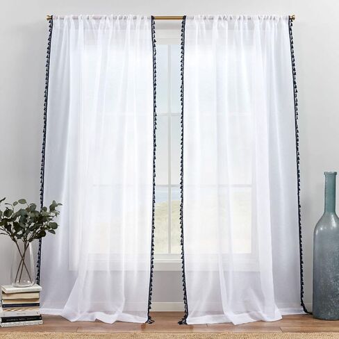 Exclusive Home Tassels Embellished Sheer Rod Pocket Curtain Panel Pair, 54"x84", Black Pearl in Saudi Arabia