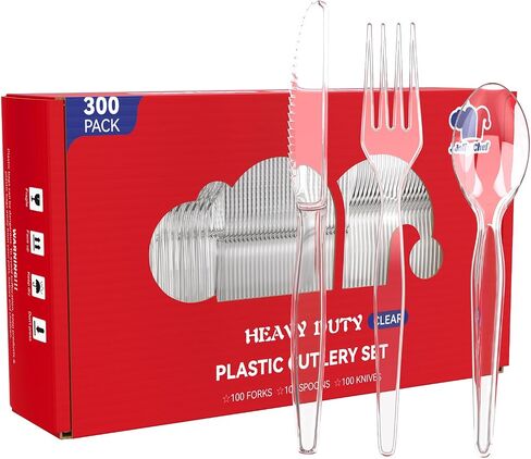 JOLLY CHEF [300 Count] Clear Plastic Forks,Heavy Duty Disposable Forks Plastic Utensils Perfect for Home, School, Party, Restaurant or Daily use in Saudi Arabia