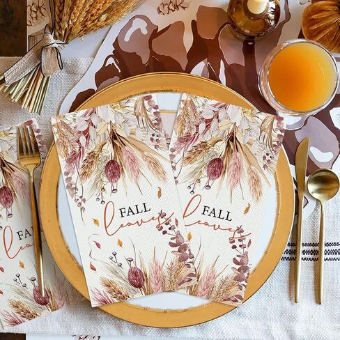 Horaldaily 100 Fall Disposable Paper Decorative Guest Napkins, Thanksgiving Autumn Harvest Pink Wheat Leaves Hand Towel for Party Lunch Dinner Kitchen Bathroom in Saudi Arabia