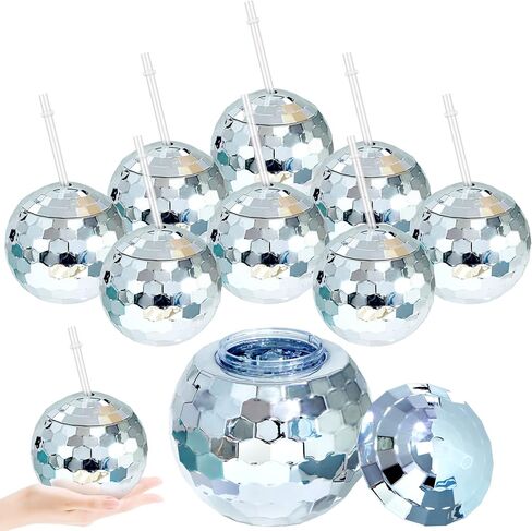 8 Pieces 70s Disco Flash Ball Drinks Cups with Lid and Straw 20 Ounce Disco Party Cups 1970s Mirror Disco Cocktail Cups Sparkly Glitter Disco Bar Party Supplies, Silver in Saudi Arabia