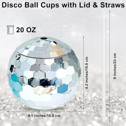 8 Pieces 70s Disco Flash Ball Drinks Cups with Lid and Straw 20 Ounce Disco Party Cups 1970s Mirror Disco Cocktail Cups Sparkly Glitter Disco Bar Party Supplies, Silver in Saudi Arabia