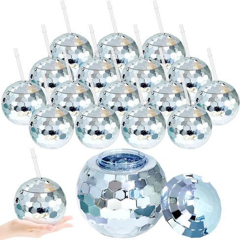 8 Pieces 70s Disco Flash Ball Drinks Cups with Lid and Straw 20 Ounce Disco Party Cups 1970s Mirror Disco Cocktail Cups Sparkly Glitter Disco Bar Party Supplies, Silver in Saudi Arabia