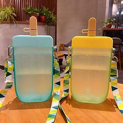 YunQin Cute Water Bottles with Straws, Creative Ice Cream Plastic Popsicle Drink Water Bottles, BPA Free Transparent Water Jug, Adjustable Shoulder Strap, for Outdoor Camping Sports Travel (Blue) in Saudi Arabia