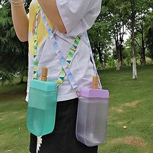 YunQin Cute Water Bottles with Straws, Creative Ice Cream Plastic Popsicle Drink Water Bottles, BPA Free Transparent Water Jug, Adjustable Shoulder Strap, for Outdoor Camping Sports Travel (Blue) in Saudi Arabia