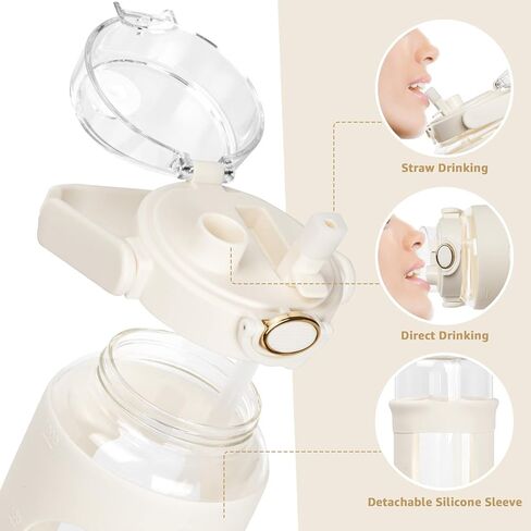 زجاجات مياه زجاجية، زجاجة مياه سعة 52 أونصة وسعة 64 أونصة بغطاء من السيليكون وقش، زجاجة مياه شفافة مقاومة للتسرب وخالية من مادة BPA مع أغطية شرب مزدوجة in Kuwait