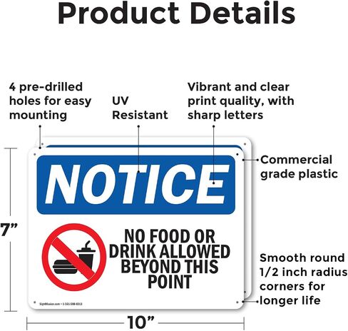(2 Pack) No Food Or Drink Allowed Beyond This Point OSHA Notice Sign 10 Inch X 7 Inch Plastic Sign, Weather Resistant, UV Protected for Workplace, Business, and Construction Site, Made in the USA in Saudi Arabia
