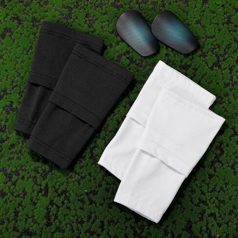 2 Pairs Soccer Shin Guard Sleeves, Breathable Football Shin Pad Holder Protective Soccer leg Shin Guard Covers Soft Calf Socks with Pocket for Kids Youth Adults Beginners Running (Black + White) in Saudi Arabia