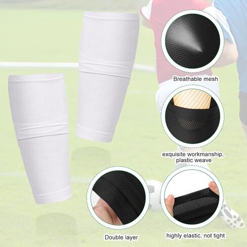 2 Pairs Soccer Shin Guard Sleeves, Breathable Football Shin Pad Holder Protective Soccer leg Shin Guard Covers Soft Calf Socks with Pocket for Kids Youth Adults Beginners Running (Black + White) in Saudi Arabia