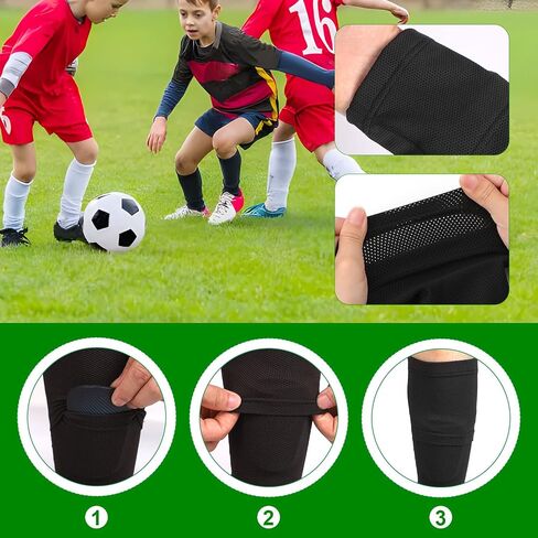 2 Pairs Soccer Shin Guard Sleeves, Breathable Football Shin Pad Holder Protective Soccer leg Shin Guard Covers Soft Calf Socks with Pocket for Kids Youth Adults Beginners Running (Black + White) in Saudi Arabia