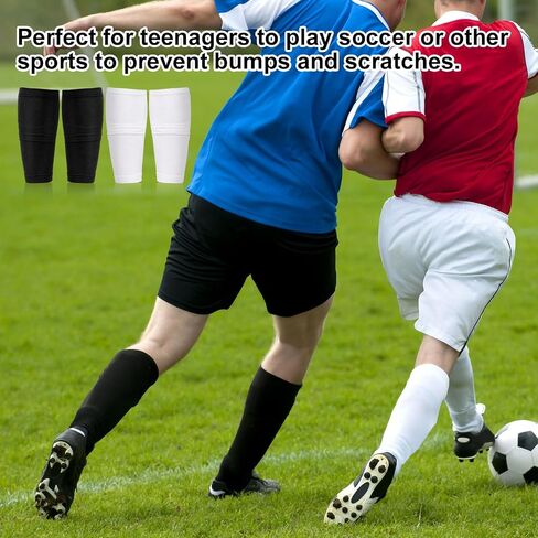 2 Pairs Soccer Shin Guard Sleeves, Breathable Football Shin Pad Holder Protective Soccer leg Shin Guard Covers Soft Calf Socks with Pocket for Kids Youth Adults Beginners Running (Black + White) in Saudi Arabia