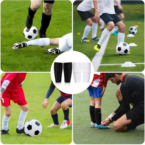 2 Pairs Soccer Shin Guard Sleeves, Breathable Football Shin Pad Holder Protective Soccer leg Shin Guard Covers Soft Calf Socks with Pocket for Kids Youth Adults Beginners Running (Black + White) in Saudi Arabia